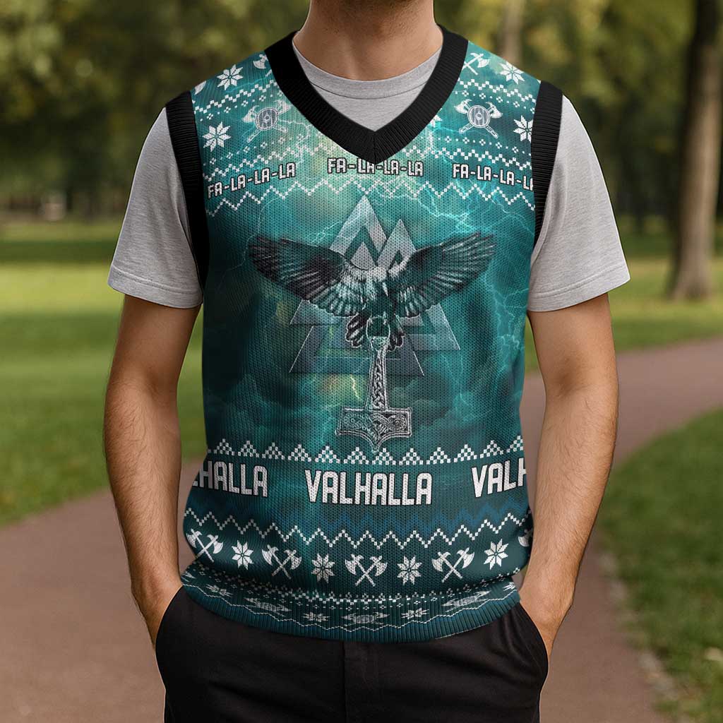 Viking Valhalla Christmas Knitted V-Neck Vest with Norse Symbols Raven and Fa La La La Design - Wonder Print Shop