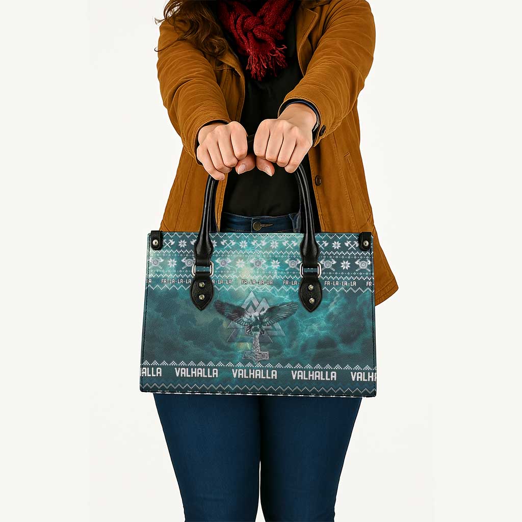 Viking Valhalla Christmas Leather Bag with Norse Symbols Raven and Fa La La La Design - Wonder Print Shop