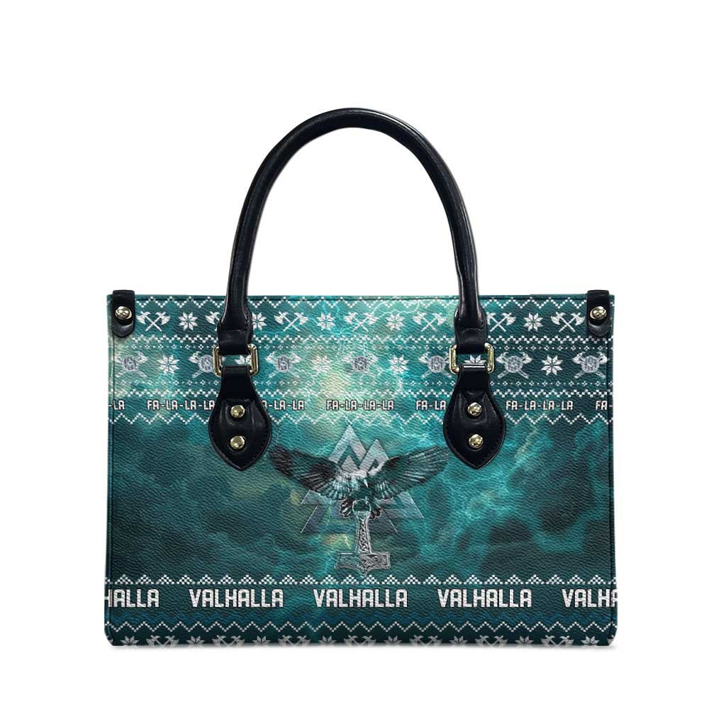 Viking Valhalla Christmas Leather Bag with Norse Symbols Raven and Fa La La La Design - Wonder Print Shop