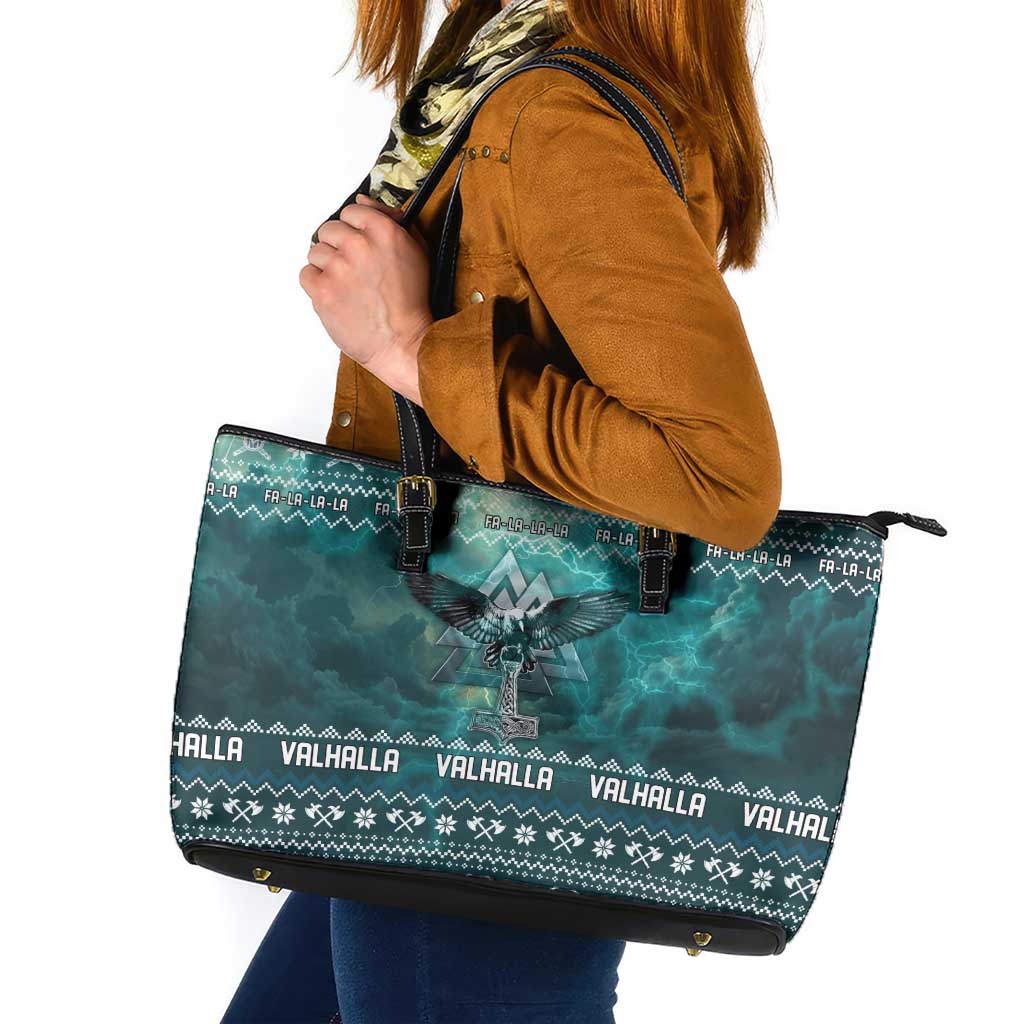 Viking Valhalla Christmas Leather Tote Bag with Norse Symbols Raven and Fa La La La Design - Wonder Print Shop