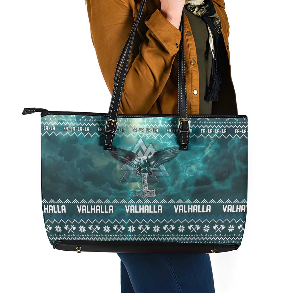 Viking Valhalla Christmas Leather Tote Bag with Norse Symbols Raven and Fa La La La Design - Wonder Print Shop