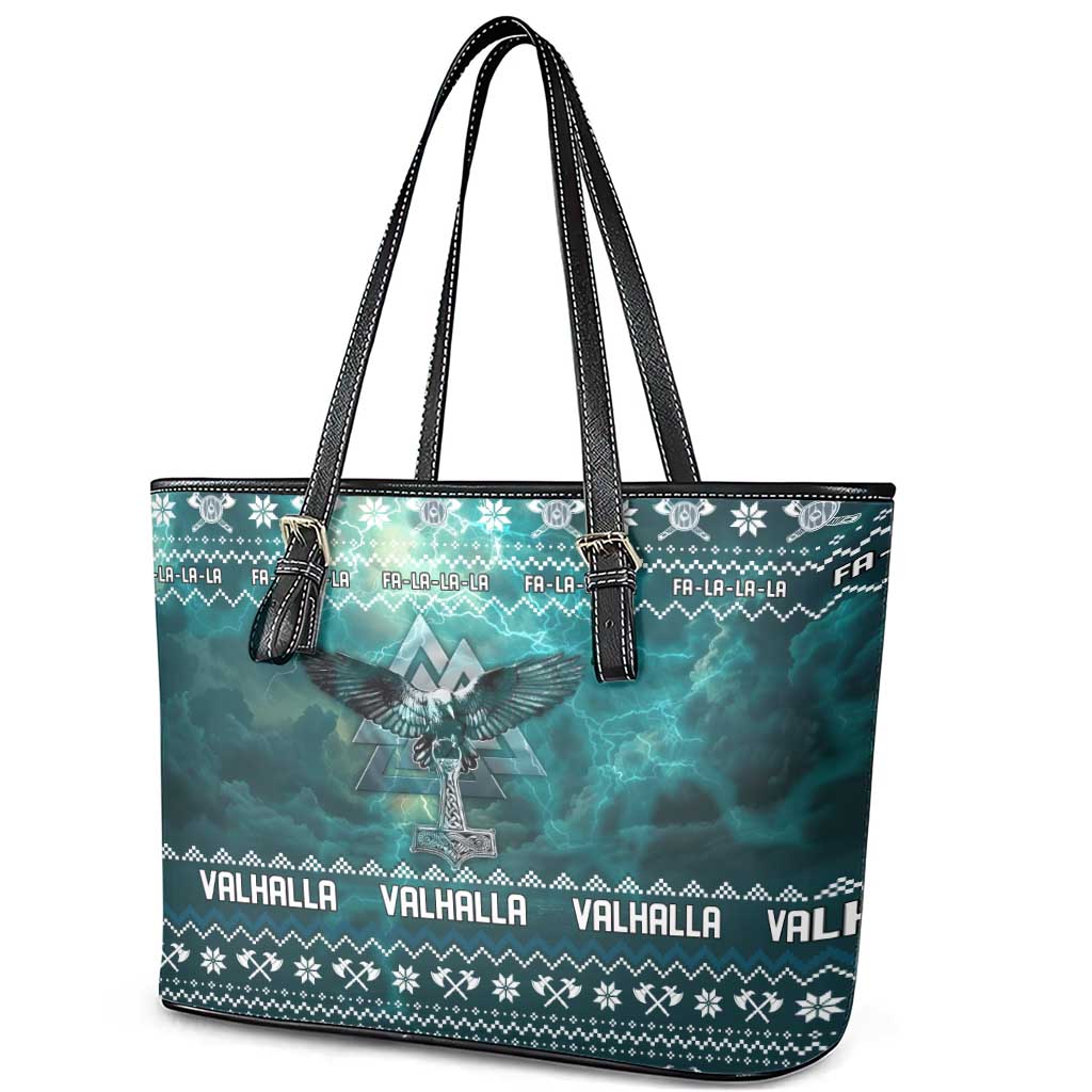 Viking Valhalla Christmas Leather Tote Bag with Norse Symbols Raven and Fa La La La Design - Wonder Print Shop