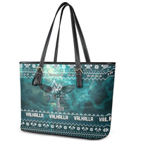 Viking Valhalla Christmas Leather Tote Bag with Norse Symbols Raven and Fa La La La Design - Wonder Print Shop
