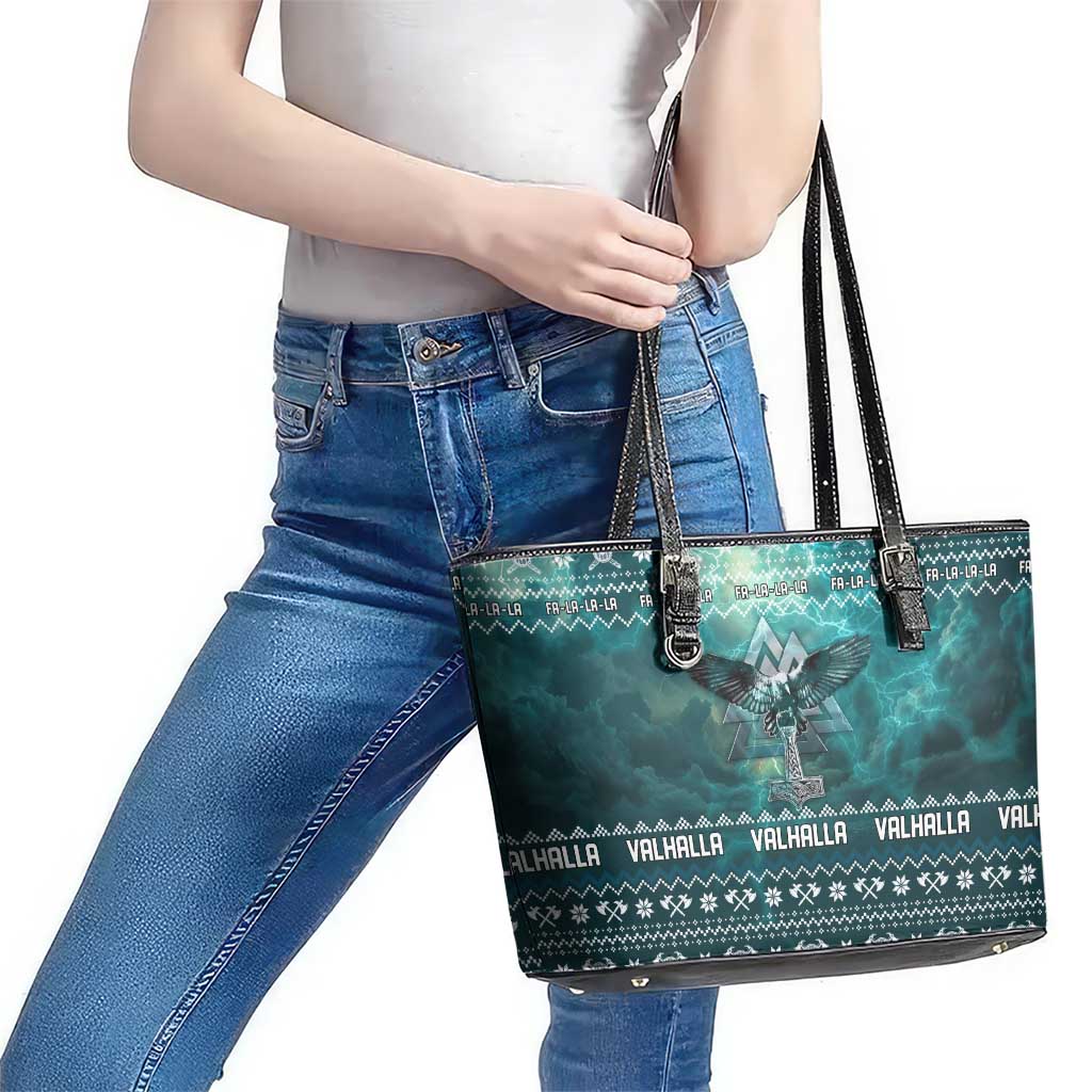Viking Valhalla Christmas Leather Tote Bag with Norse Symbols Raven and Fa La La La Design - Wonder Print Shop