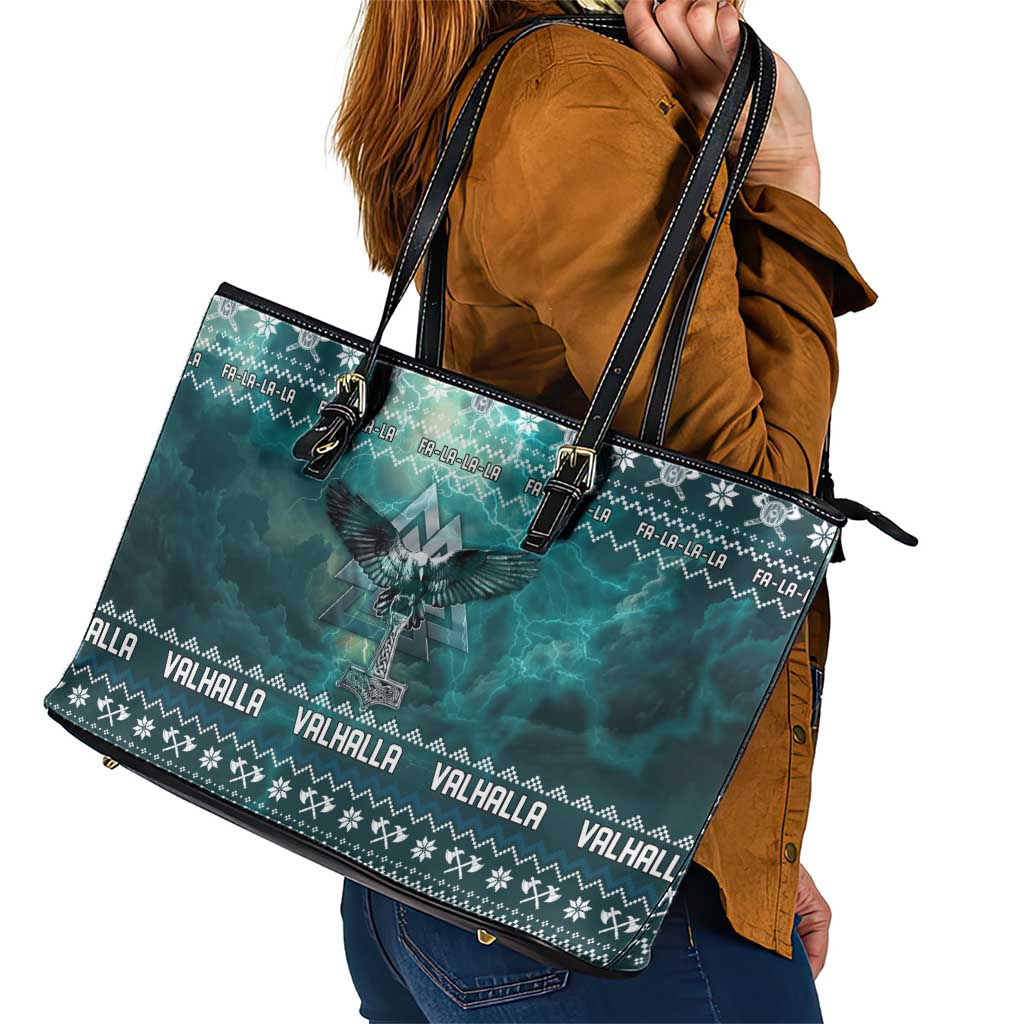 Viking Valhalla Christmas Leather Tote Bag with Norse Symbols Raven and Fa La La La Design - Wonder Print Shop