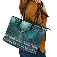 Viking Valhalla Christmas Leather Tote Bag with Norse Symbols Raven and Fa La La La Design - Wonder Print Shop