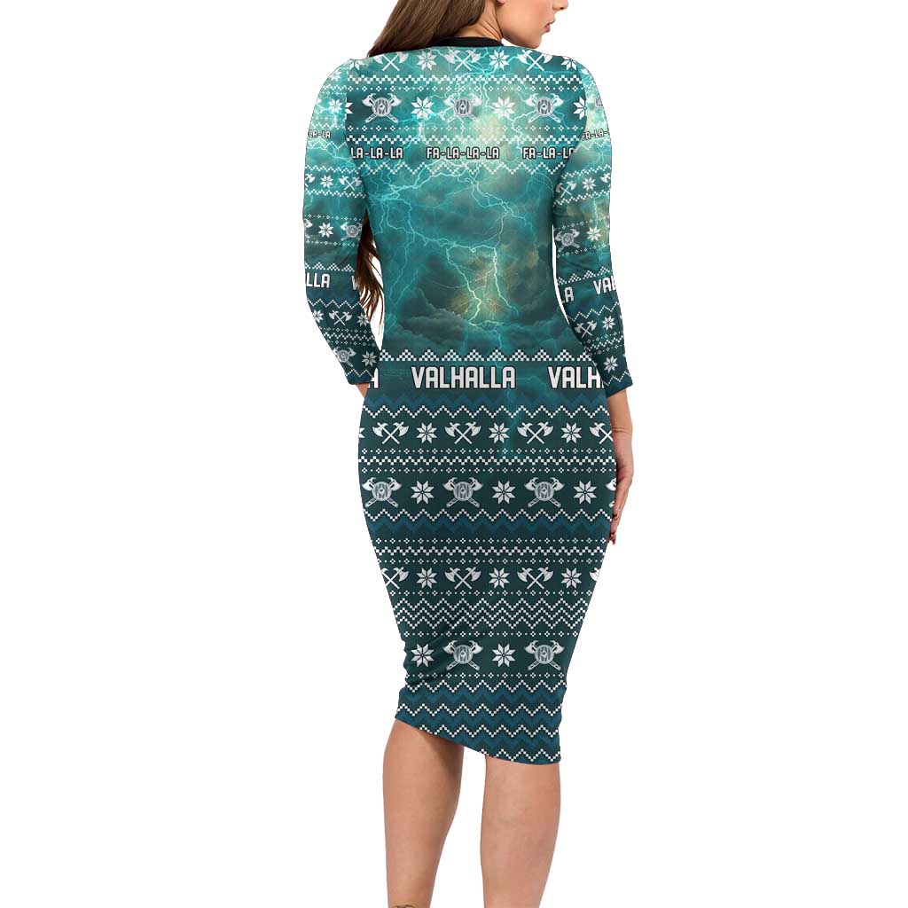 Viking Valhalla Christmas Long Sleeve Bodycon Dress with Norse Symbols Raven and Fa La La La Design - Wonder Print Shop