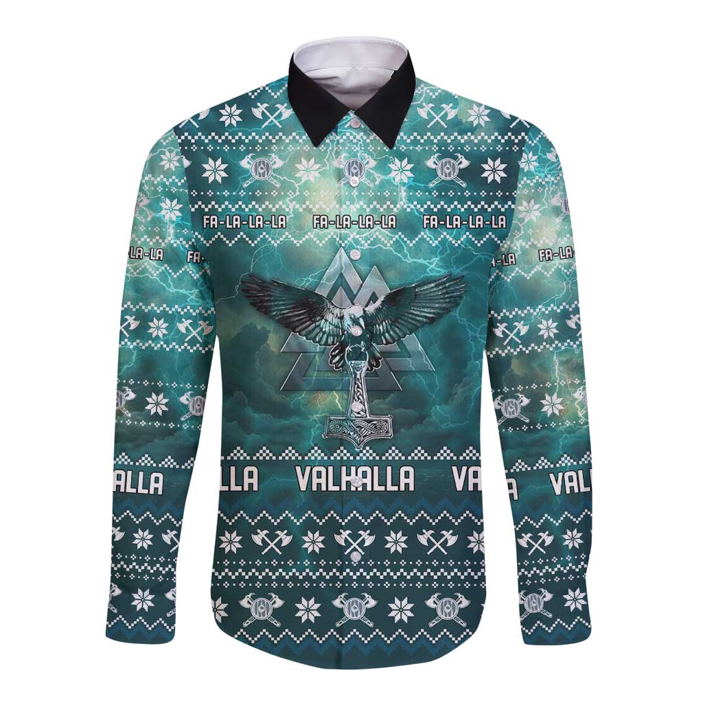 Viking Valhalla Christmas Long Sleeve Button Shirt with Norse Symbols Raven and Fa La La La Design - Wonder Print Shop