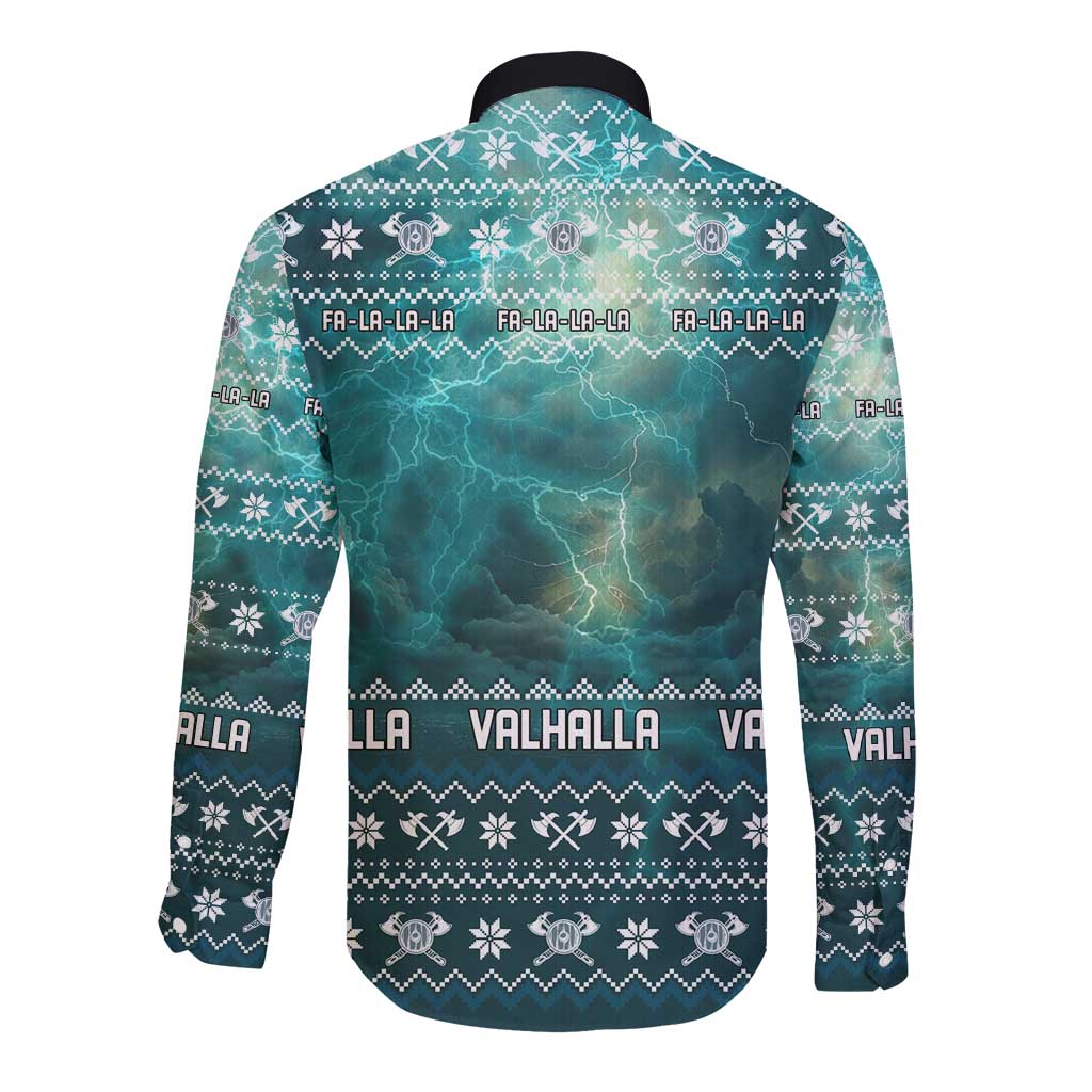 Viking Valhalla Christmas Long Sleeve Button Shirt with Norse Symbols Raven and Fa La La La Design - Wonder Print Shop