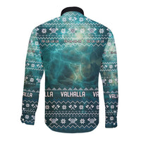 Viking Valhalla Christmas Long Sleeve Button Shirt with Norse Symbols Raven and Fa La La La Design - Wonder Print Shop