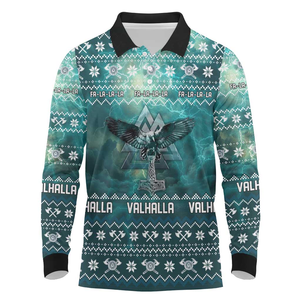 Viking Valhalla Christmas Long Sleeve Polo Shirt with Norse Symbols Raven and Fa La La La Design - Wonder Print Shop