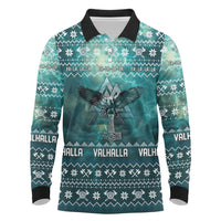 Viking Valhalla Christmas Long Sleeve Polo Shirt with Norse Symbols Raven and Fa La La La Design - Wonder Print Shop