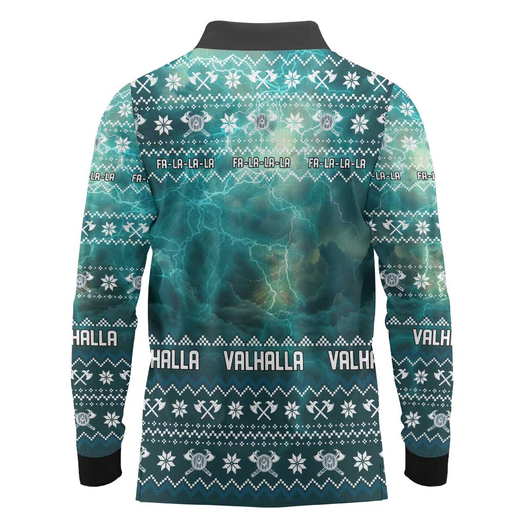Viking Valhalla Christmas Long Sleeve Polo Shirt with Norse Symbols Raven and Fa La La La Design - Wonder Print Shop