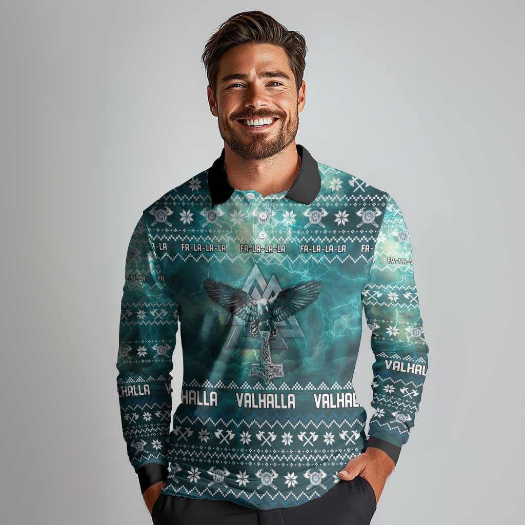 Viking Valhalla Christmas Long Sleeve Polo Shirt with Norse Symbols Raven and Fa La La La Design - Wonder Print Shop