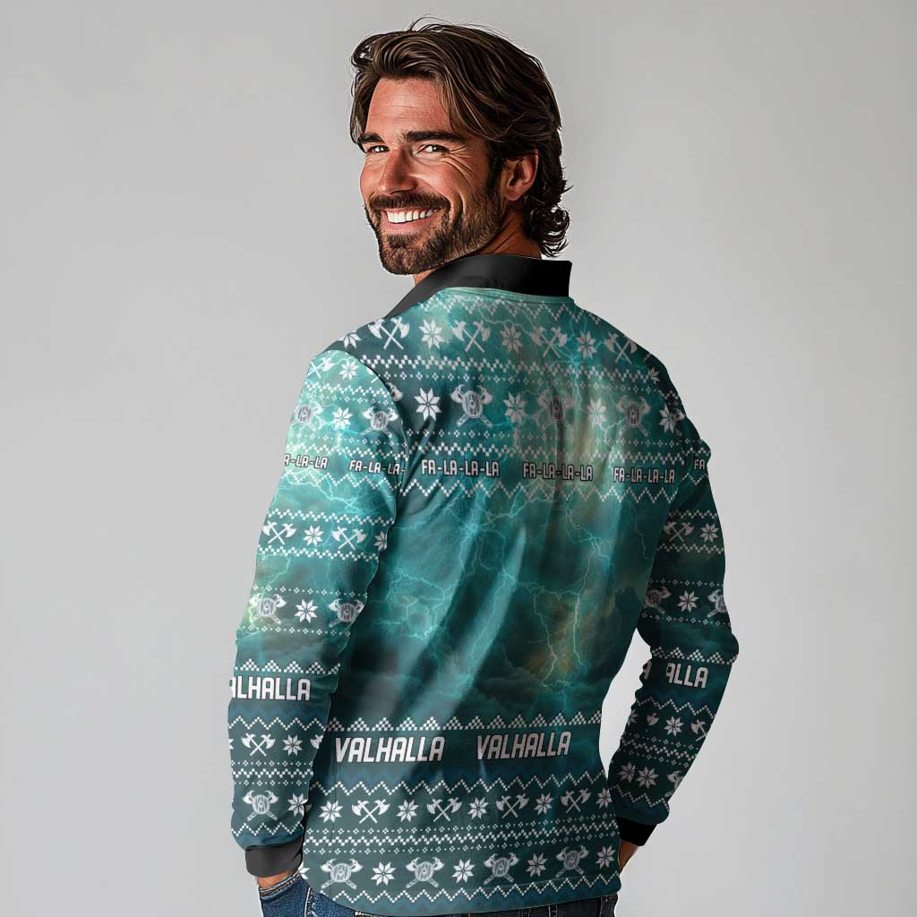 Viking Valhalla Christmas Long Sleeve Polo Shirt with Norse Symbols Raven and Fa La La La Design - Wonder Print Shop