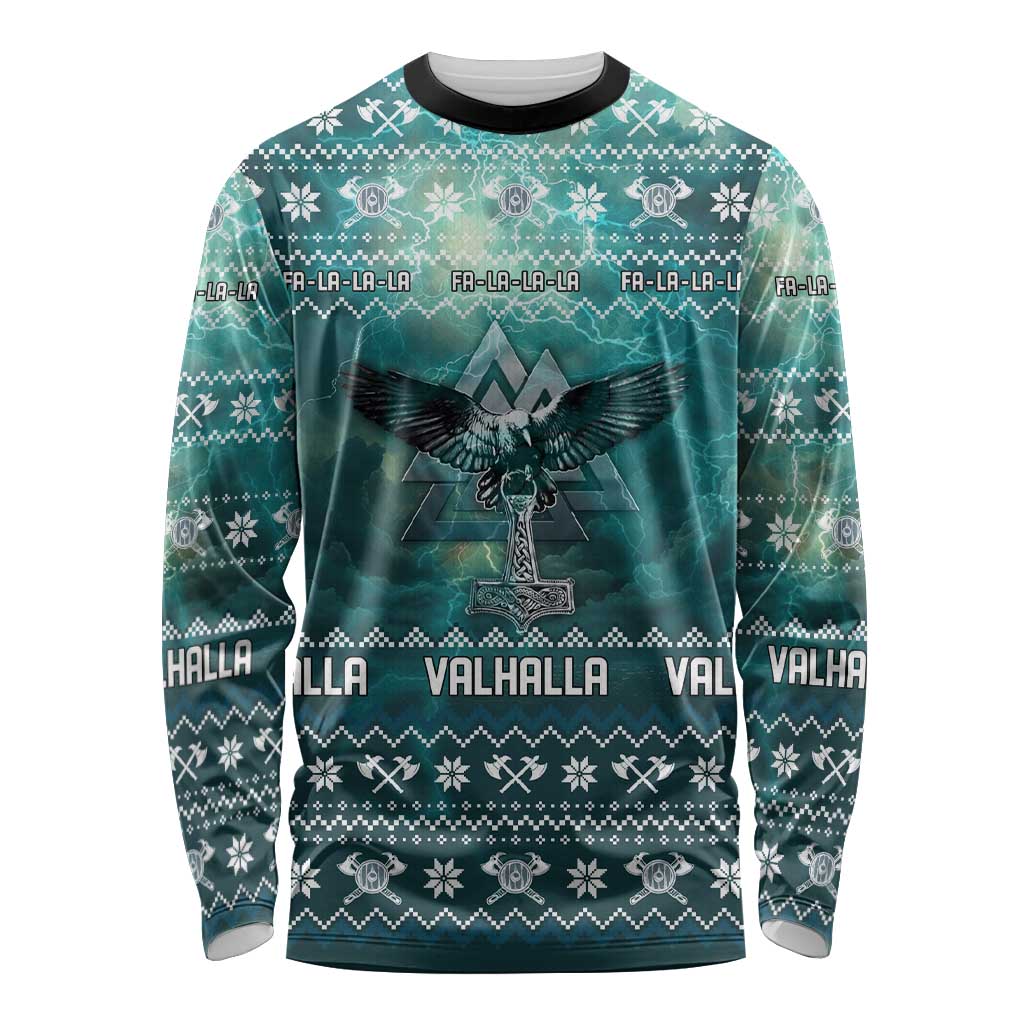 Viking Valhalla Christmas Long Sleeve Shirt with Norse Symbols Raven and Fa La La La Design - Wonder Print Shop
