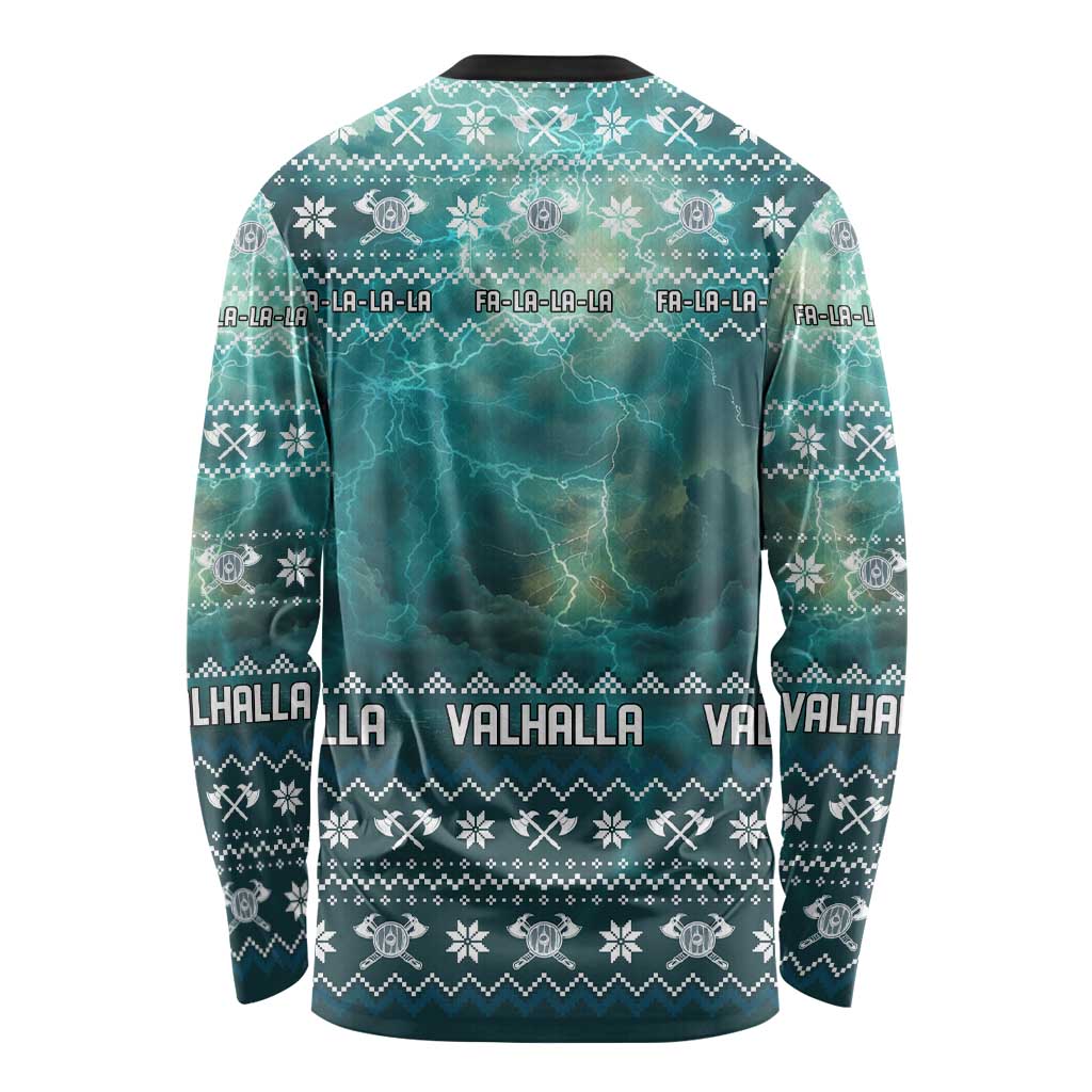 Viking Valhalla Christmas Long Sleeve Shirt with Norse Symbols Raven and Fa La La La Design - Wonder Print Shop