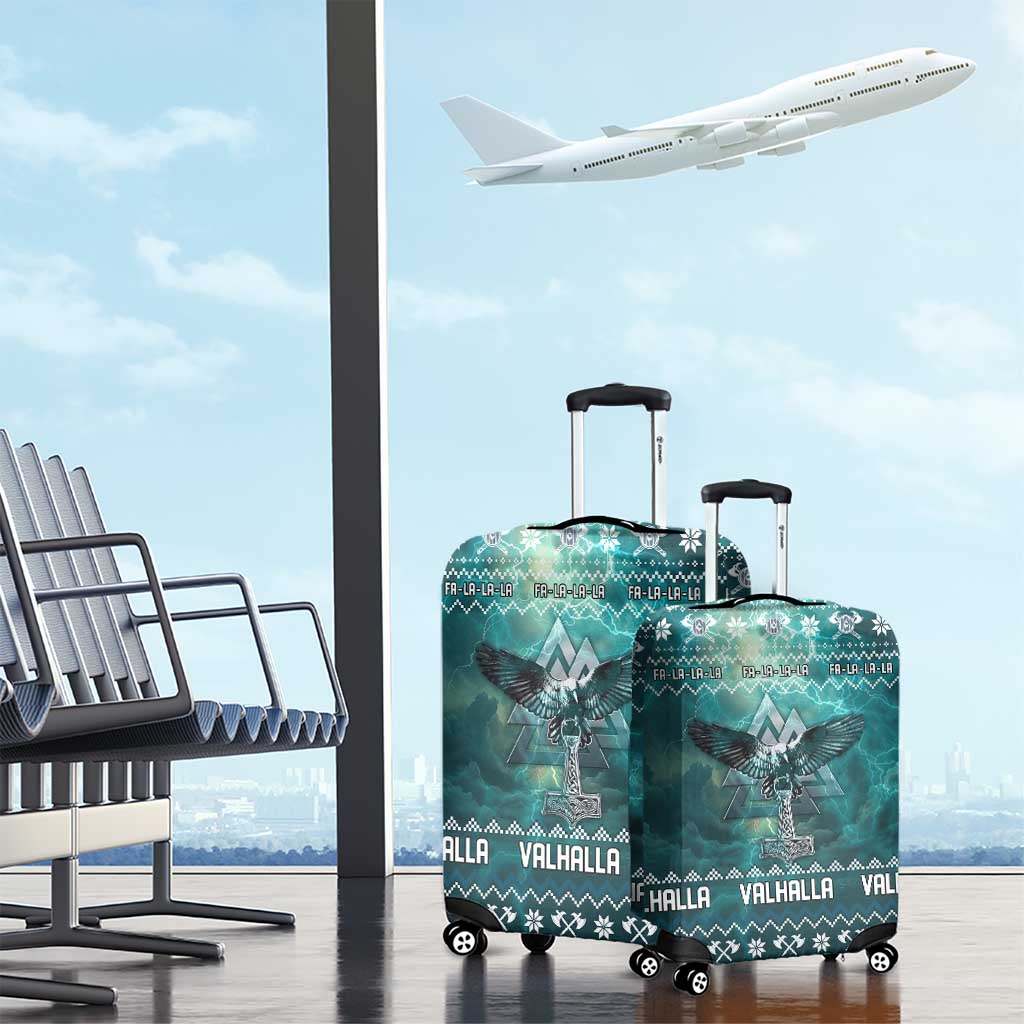 Viking Valhalla Christmas Luggage Cover with Norse Symbols Raven and Fa La La La Design - Wonder Print Shop