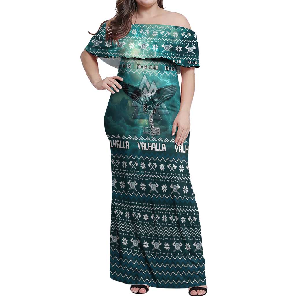 Viking Valhalla Christmas Off Shoulder Maxi Dress with Norse Symbols Raven and Fa La La La Design - Wonder Print Shop
