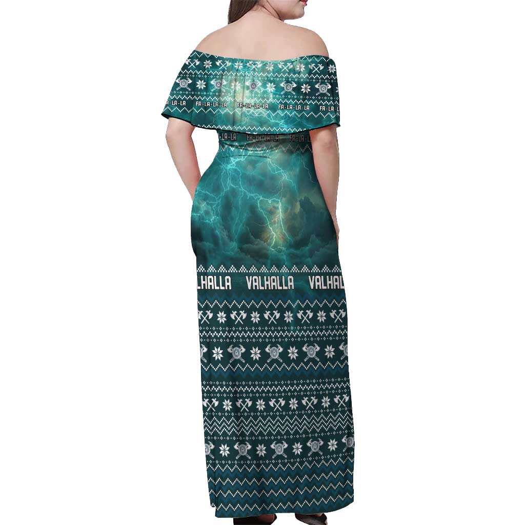 Viking Valhalla Christmas Off Shoulder Maxi Dress with Norse Symbols Raven and Fa La La La Design - Wonder Print Shop