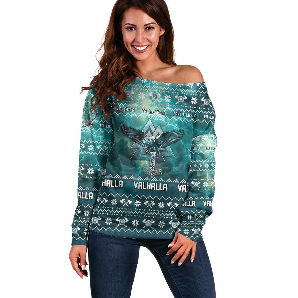 Viking Valhalla Christmas Off Shoulder Sweater with Norse Symbols Raven and Fa La La La Design - Wonder Print Shop