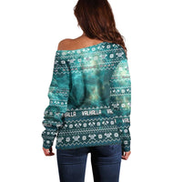 Viking Valhalla Christmas Off Shoulder Sweater with Norse Symbols Raven and Fa La La La Design - Wonder Print Shop