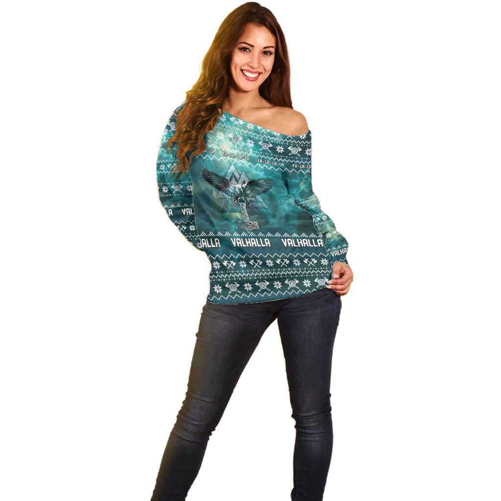 Viking Valhalla Christmas Off Shoulder Sweater with Norse Symbols Raven and Fa La La La Design - Wonder Print Shop