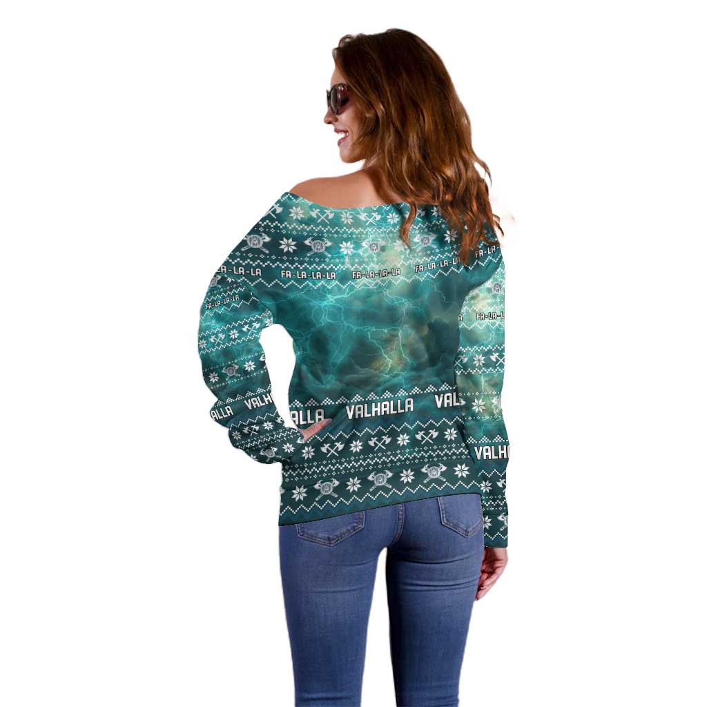 Viking Valhalla Christmas Off Shoulder Sweater with Norse Symbols Raven and Fa La La La Design - Wonder Print Shop