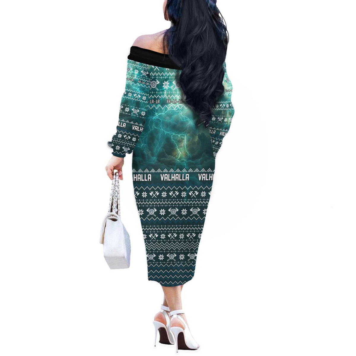 Viking Valhalla Christmas Off The Shoulder Long Sleeve Dress with Norse Symbols Raven and Fa La La La Design - Wonder Print Shop