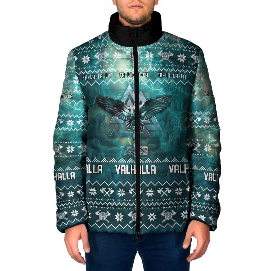 Viking Valhalla Christmas Padded Jacket with Norse Symbols Raven and Fa La La La Design - Wonder Print Shop
