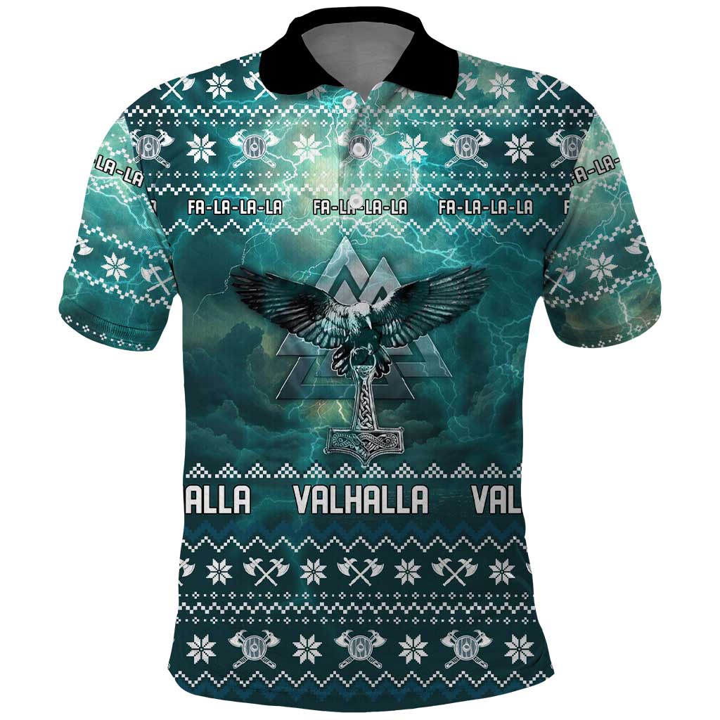 Viking Valhalla Christmas Polo Shirt with Norse Symbols Raven and Fa La La La Design - Wonder Print Shop
