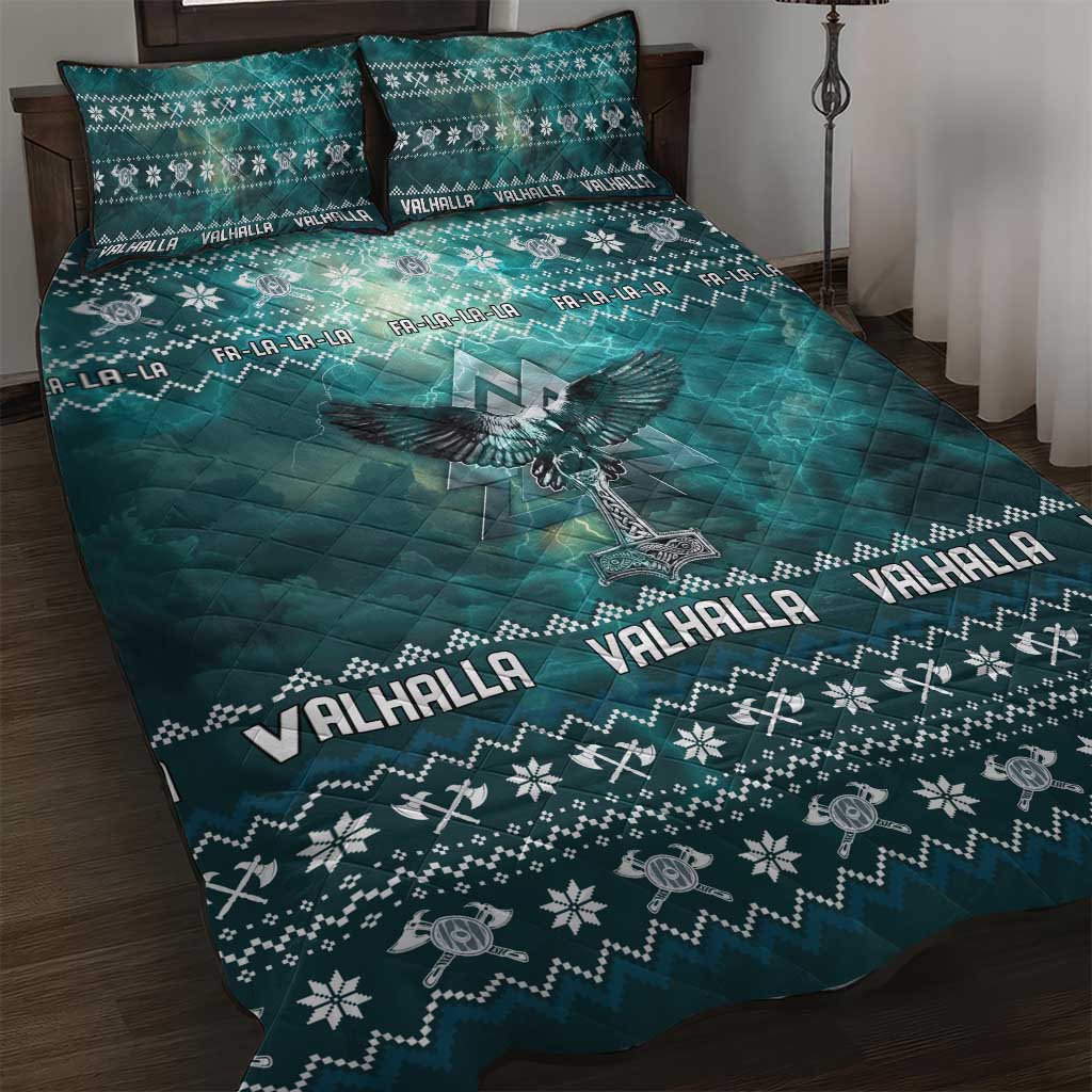 Viking Valhalla Christmas Quilt Bed Set with Norse Symbols Raven and Fa La La La Design - Wonder Print Shop