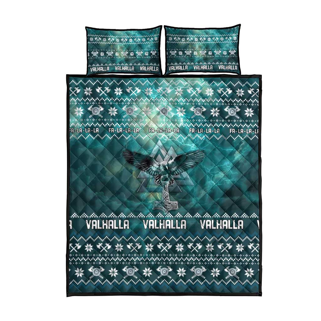 Viking Valhalla Christmas Quilt Bed Set with Norse Symbols Raven and Fa La La La Design - Wonder Print Shop