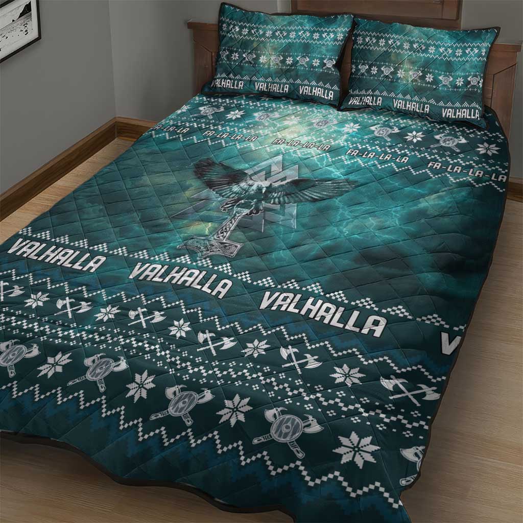 Viking Valhalla Christmas Quilt Bed Set with Norse Symbols Raven and Fa La La La Design - Wonder Print Shop