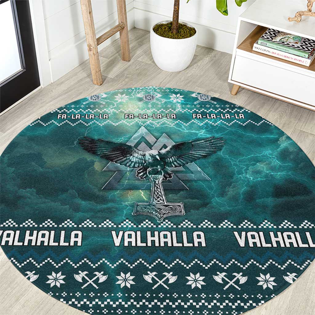 Viking Valhalla Christmas Round Carpet with Norse Symbols Raven and Fa La La La Design - Wonder Print Shop