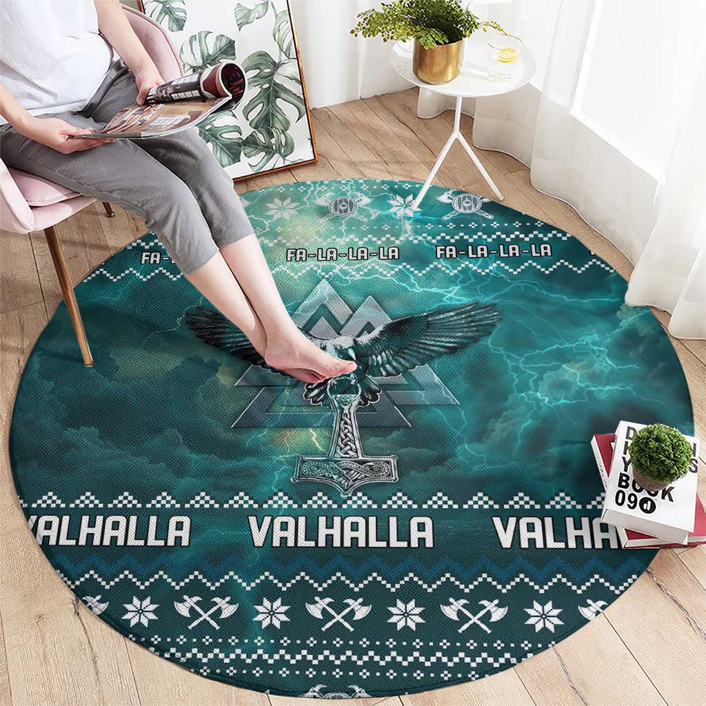 Viking Valhalla Christmas Round Carpet with Norse Symbols Raven and Fa La La La Design - Wonder Print Shop