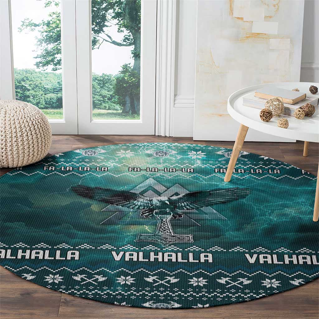 Viking Valhalla Christmas Round Carpet with Norse Symbols Raven and Fa La La La Design - Wonder Print Shop