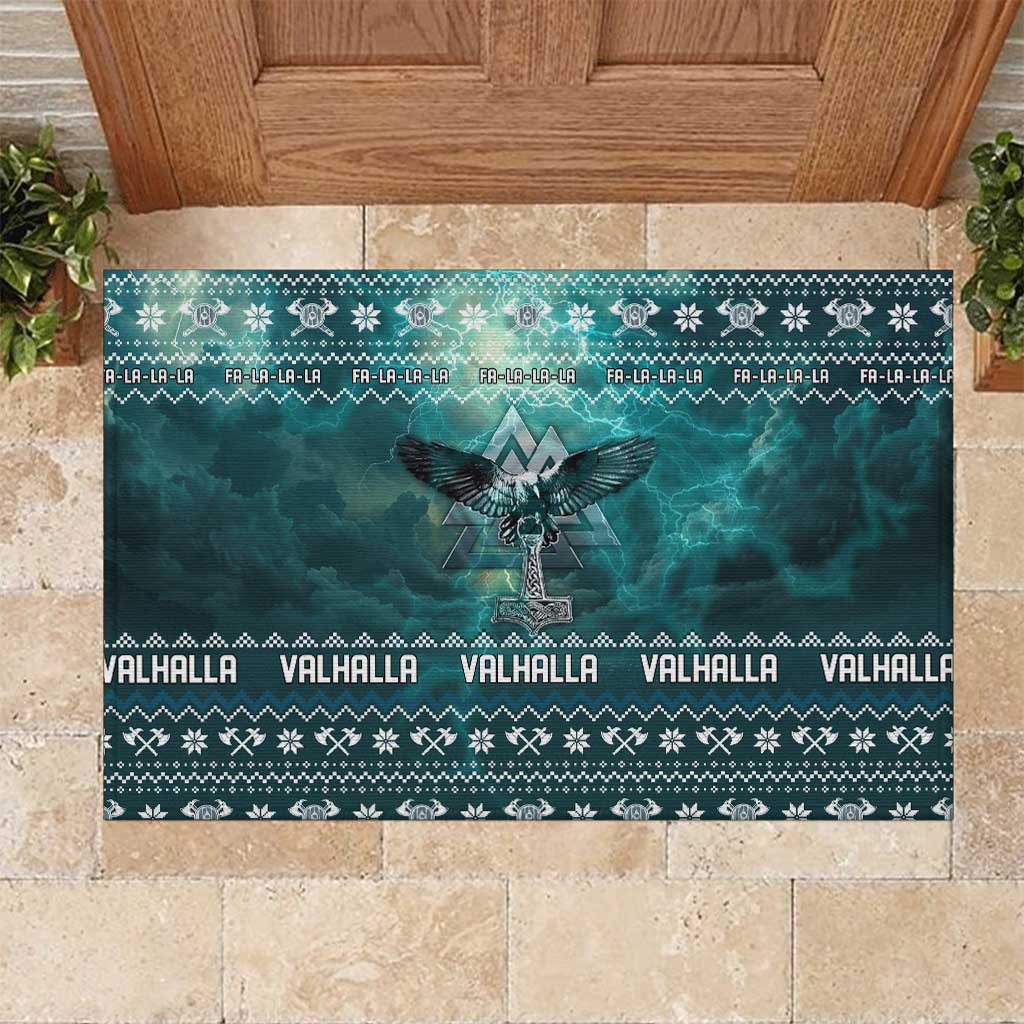 Viking Valhalla Christmas Rubber Doormat with Norse Symbols Raven and Fa La La La Design - Wonder Print Shop