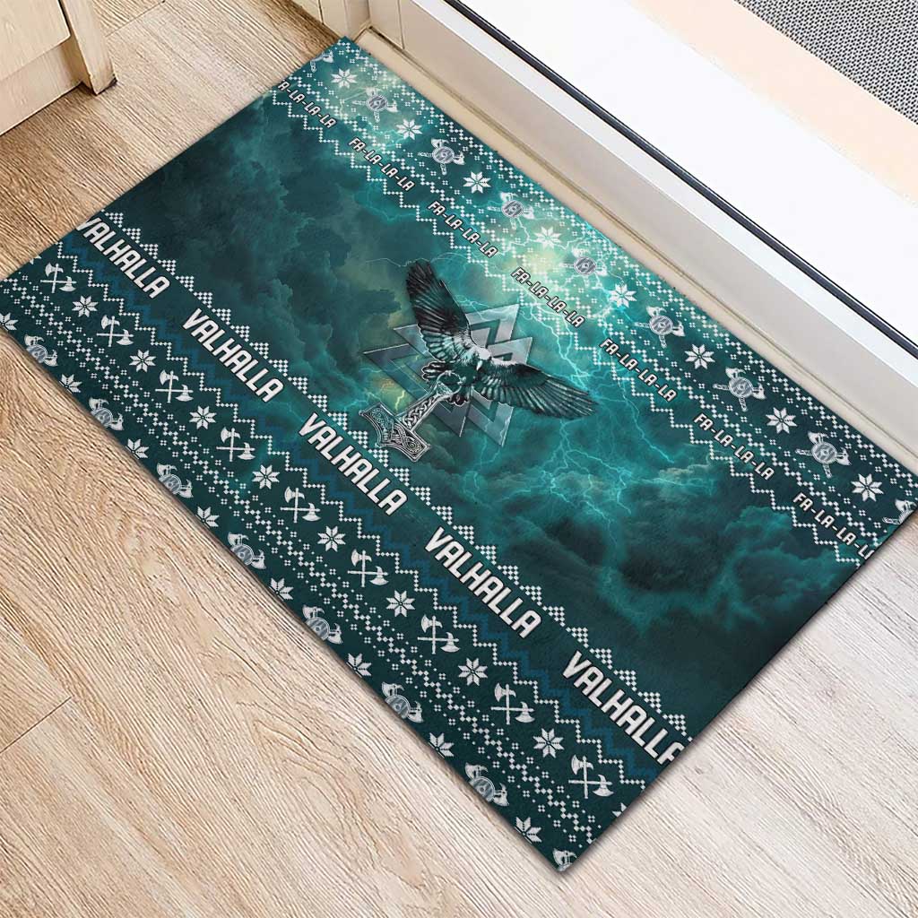 Viking Valhalla Christmas Rubber Doormat with Norse Symbols Raven and Fa La La La Design - Wonder Print Shop