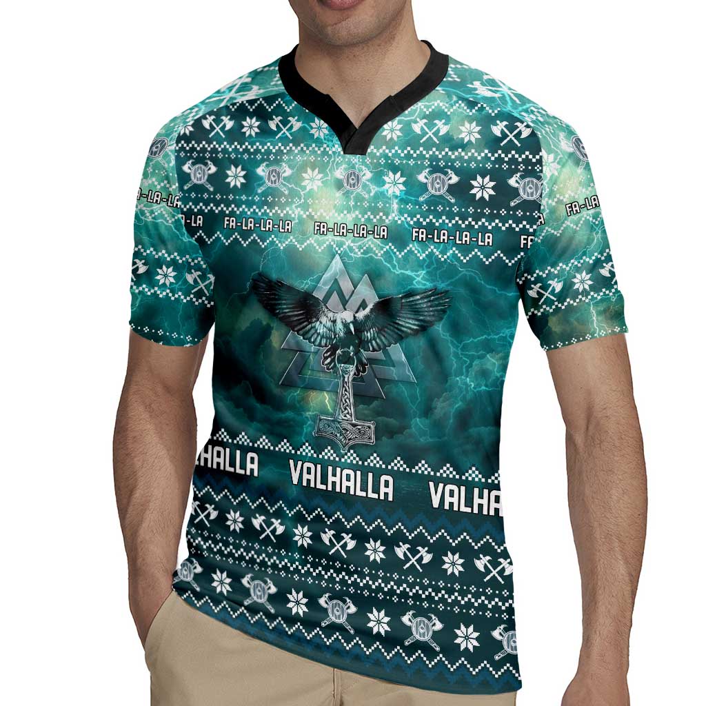 Viking Valhalla Christmas Rugby Jersey with Norse Symbols Raven and Fa La La La Design - Wonder Print Shop