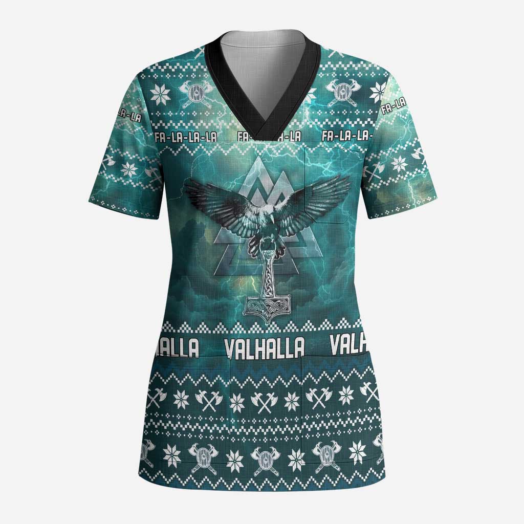 Viking Valhalla Christmas Scrub Top with Norse Symbols Raven and Fa La La La Design - Wonder Print Shop