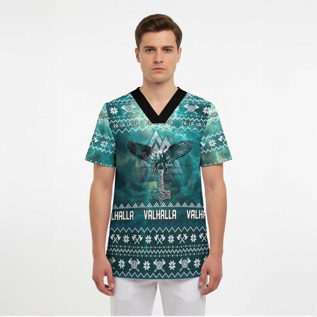 Viking Valhalla Christmas Scrub Top with Norse Symbols Raven and Fa La La La Design - Wonder Print Shop