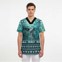Viking Valhalla Christmas Scrub Top with Norse Symbols Raven and Fa La La La Design - Wonder Print Shop