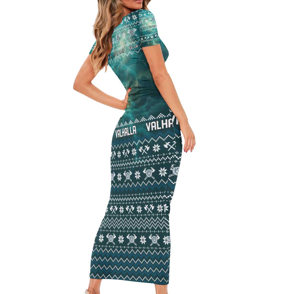 Viking Valhalla Christmas Short Sleeve Bodycon Dress with Norse Symbols Raven and Fa La La La Design - Wonder Print Shop