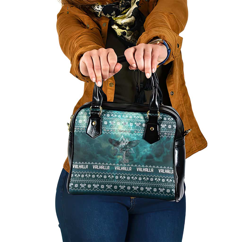 Viking Valhalla Christmas Shoulder Handbag with Norse Symbols Raven and Fa La La La Design - Wonder Print Shop