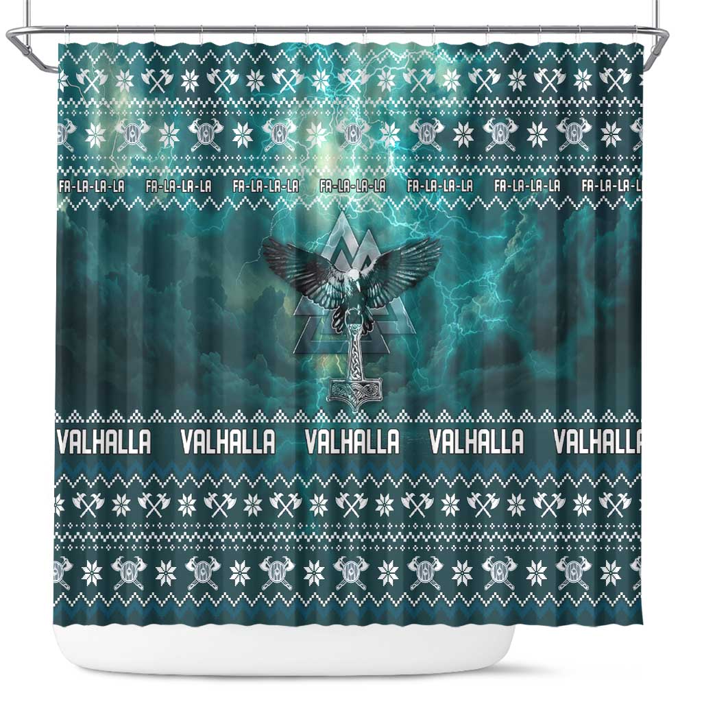 Viking Valhalla Christmas Shower Curtain with Norse Symbols Raven and Fa La La La Design - Wonder Print Shop