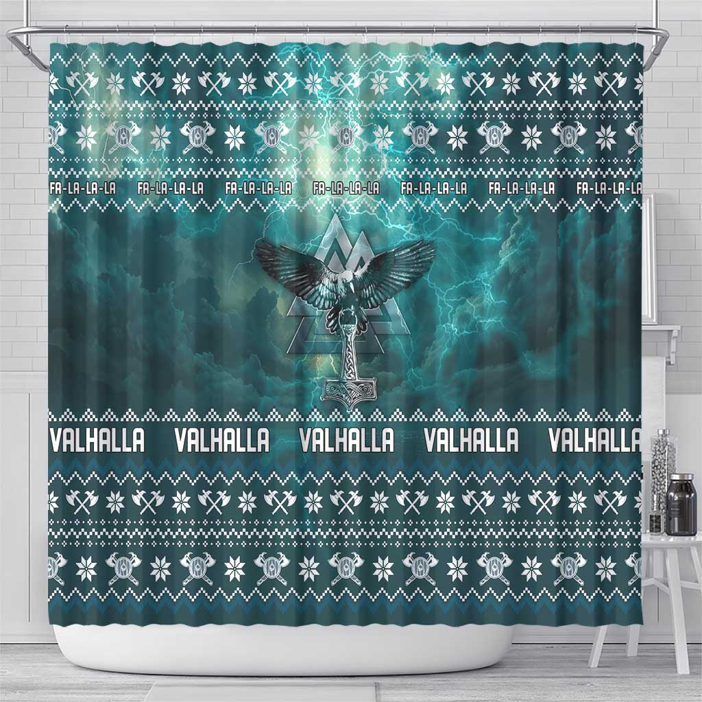 Viking Valhalla Christmas Shower Curtain with Norse Symbols Raven and Fa La La La Design - Wonder Print Shop