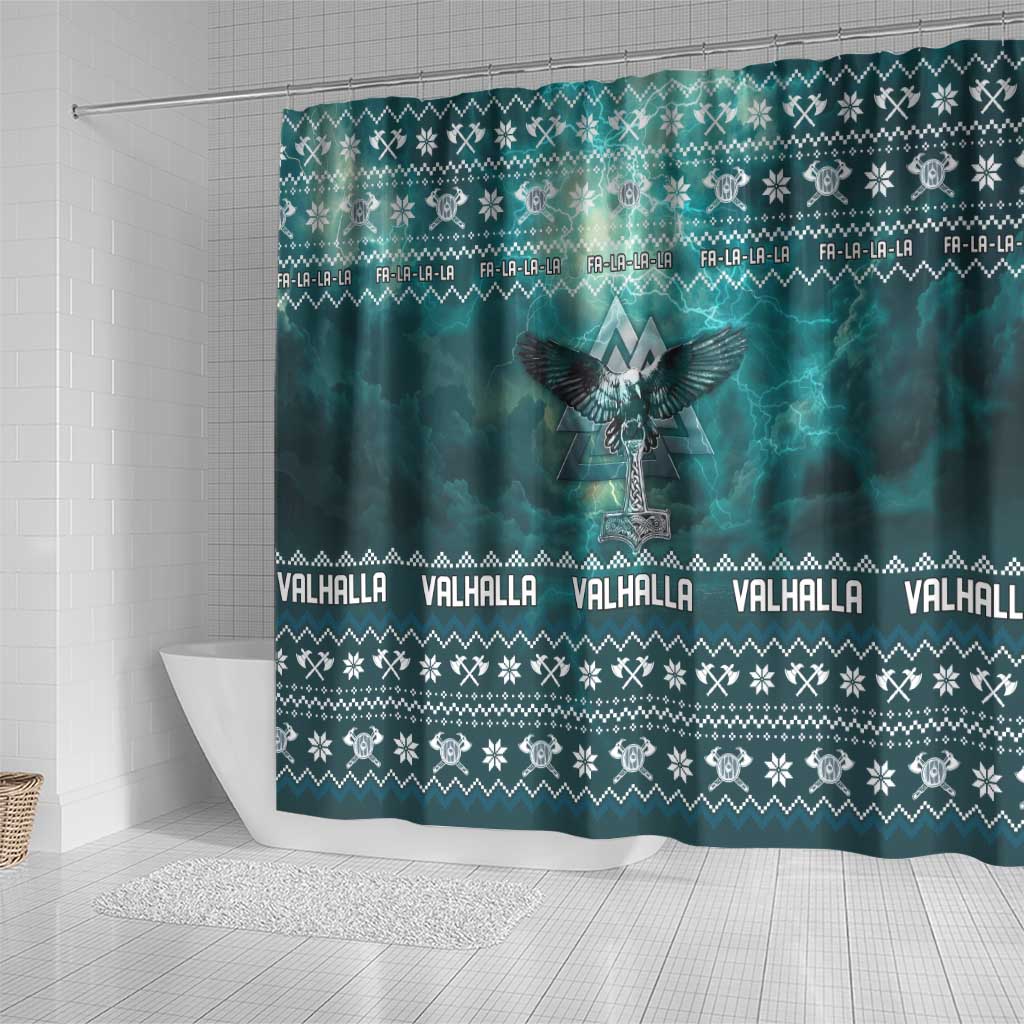 Viking Valhalla Christmas Shower Curtain with Norse Symbols Raven and Fa La La La Design - Wonder Print Shop