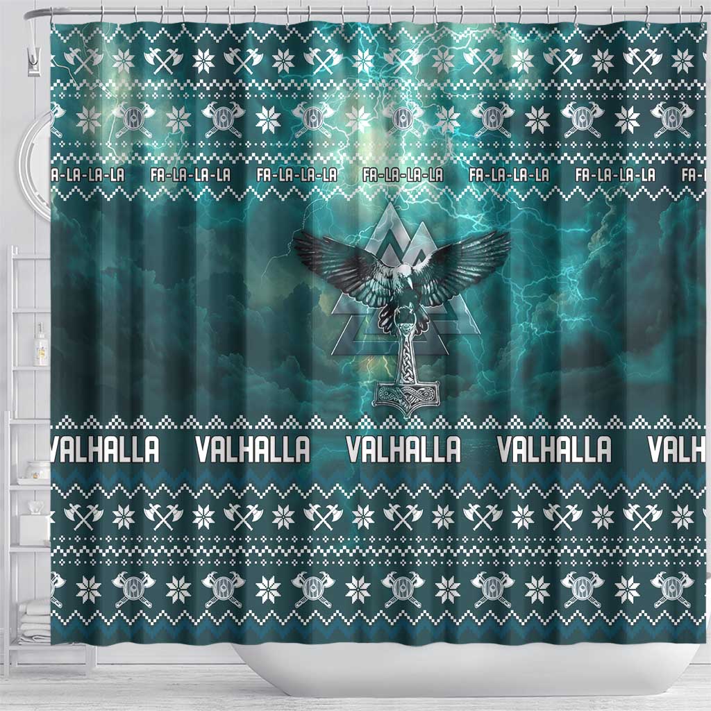 Viking Valhalla Christmas Shower Curtain with Norse Symbols Raven and Fa La La La Design - Wonder Print Shop