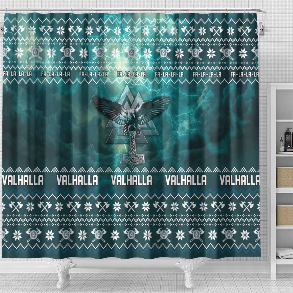 Viking Valhalla Christmas Shower Curtain with Norse Symbols Raven and Fa La La La Design - Wonder Print Shop